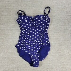 VTG Niptuck One Piece Swimsuit Size 8 Navy Blue Star Print Ruched Multi Fit Cup